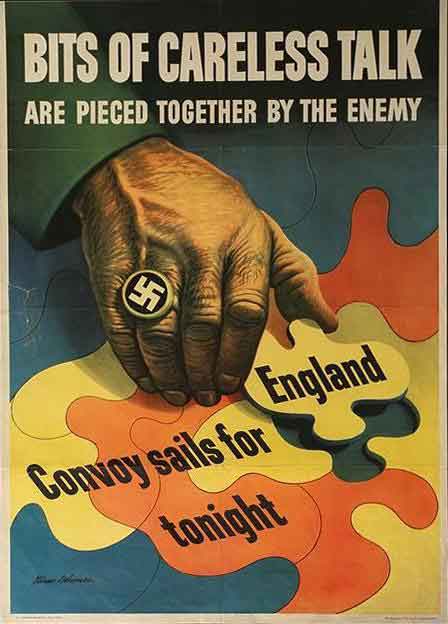 Poster Collection image ww1647-87.jpg showing hairy hand wearing ring with Nazi insignia and pieces of jigsaw puzzle that say "Convoy sails for England tonight"