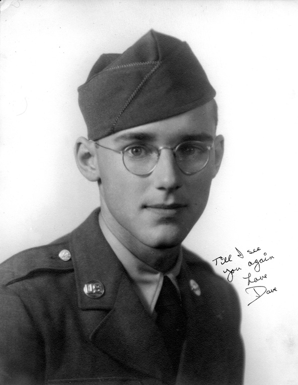 Photo of Private David O. Meeker Jr in his WW-II U.S. Army uniform, taken in Gadsden AL while he was stationed at Camp Siebert AL between February and late April 1943