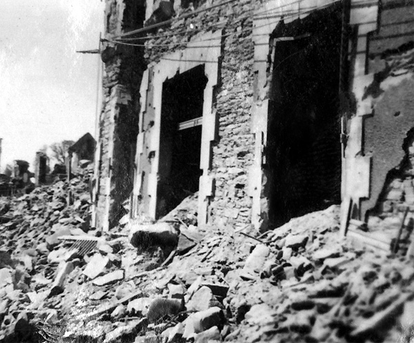 Photo of buildings destroyed in fighting to capture Saint Lo, France, taken 05 September 1944 during World War II.