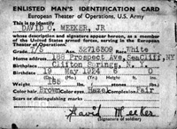 US Army Enlisted Man's Identification card issued to T/5 David O. Meeker Jr in September 1944 in France