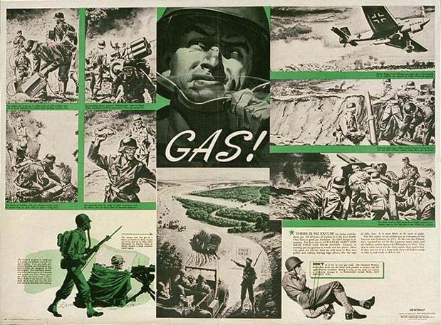 Poster collection image ww1646-20.jpg shows cartoon-like image shows an American soldier responding to gas attack
